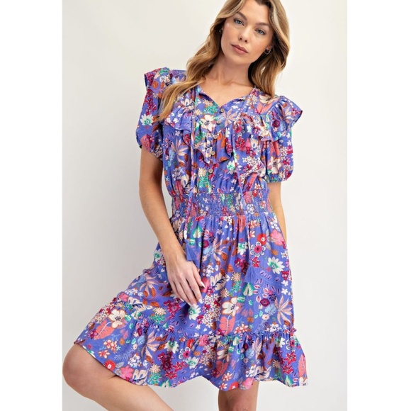 POL “The Gabriella" Periwinkle Floral Print Tiered Dress with Pockets - Picture 3 of 4